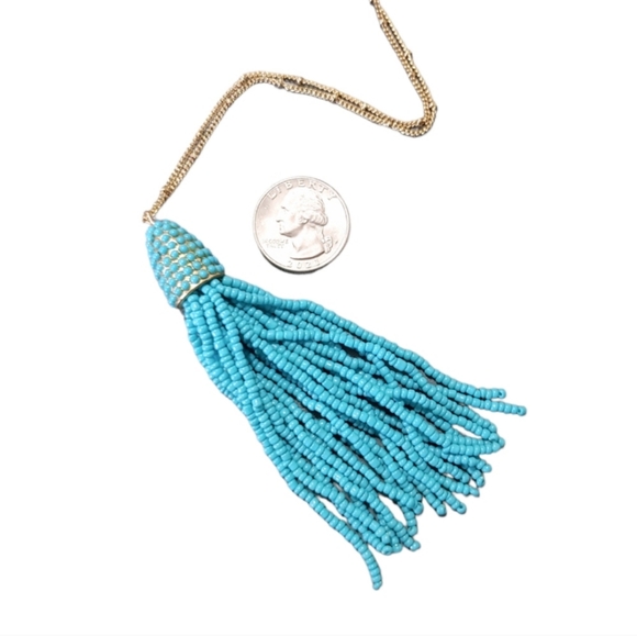Charming Charlie Gold Blue Turquoise Beaded Fringe Pendant Statement Necklace - Picture 4 of 8